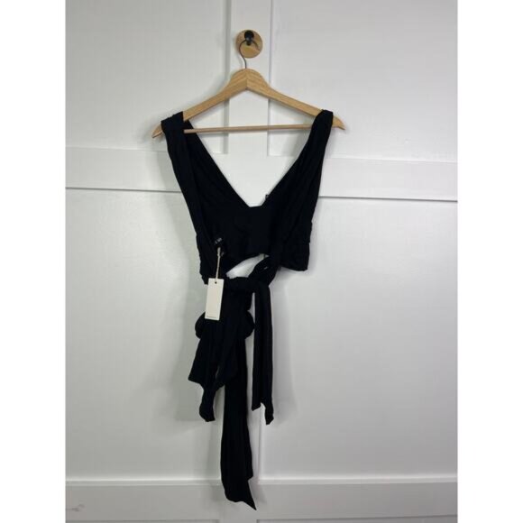 NWT Just Bee Queen Plunge V-Neck Sara Crop Top Cotton Blend in Black - Picture 6 of 7